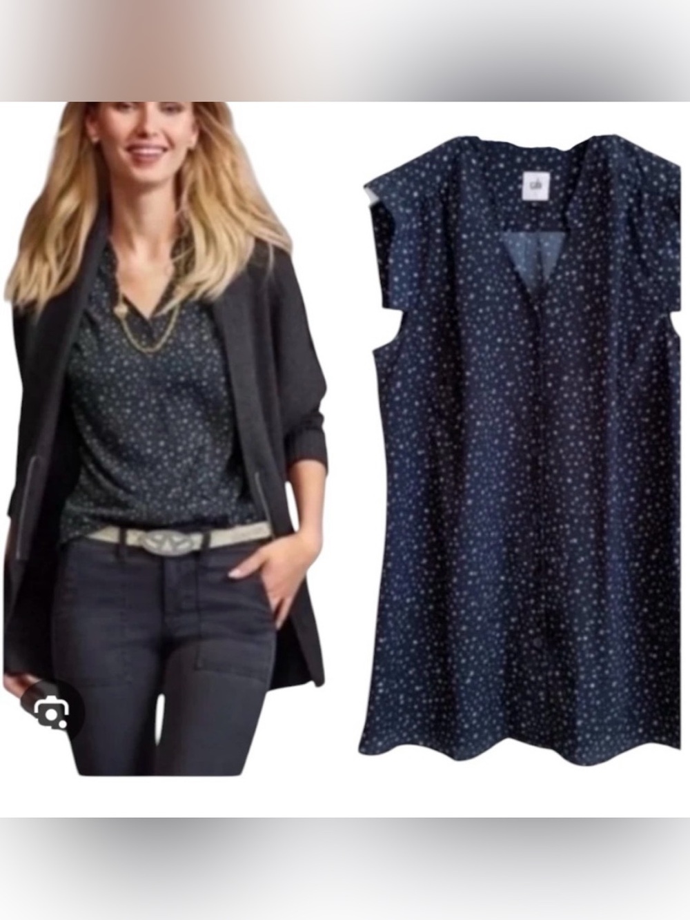 CAbi Black/Navy  Astral Starry Night Button Down Cap Sleeve Momcore Blouse L